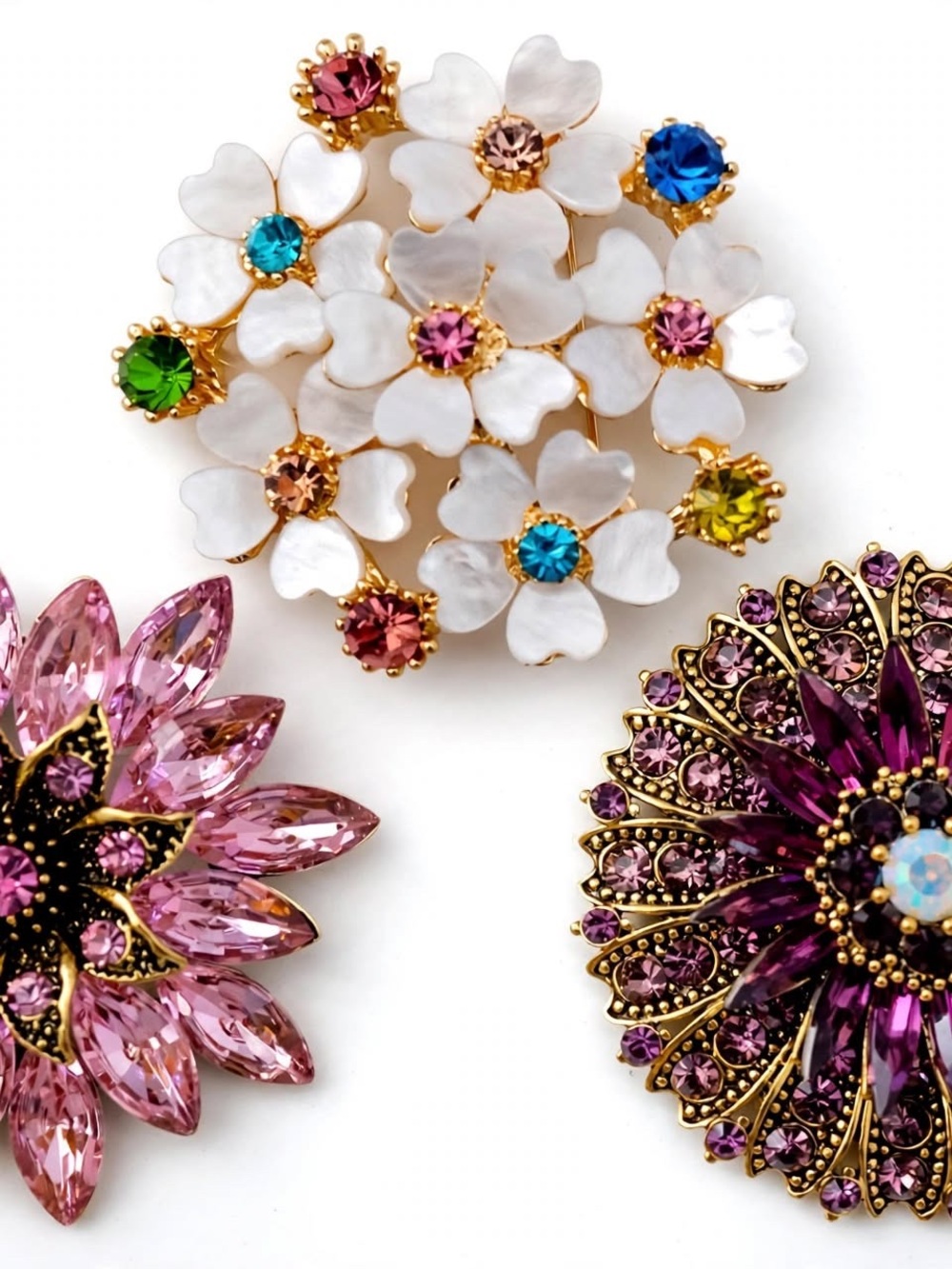 Flower Brooch Bundle 3pc Pink White Magenta Crystal Floral Pins